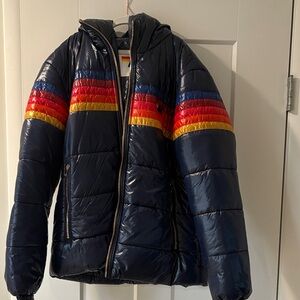 Aviator Nation Navy Jacket with Red, Orange, and Yellow Stripes